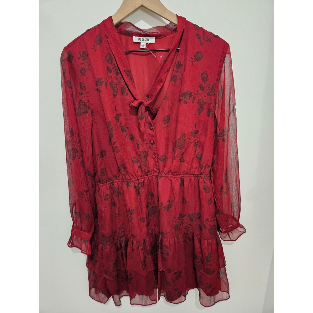 BB Dakota Womens Burgundy Floral Chiffon Tie Neck Ruffle Mini Dress BI308881 L‎